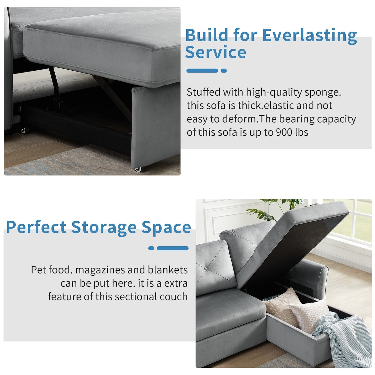 Sectional Reversible 3 Seat Couch Bed Velvet Pull out Sleeper Sofa with Storage Chaise