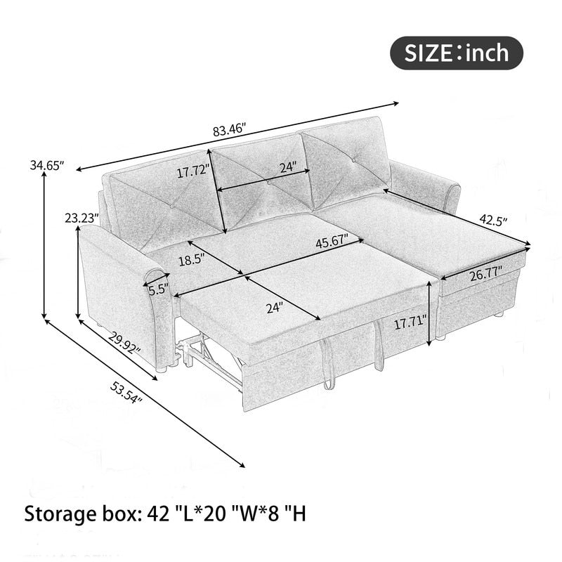 Sectional Reversible 3 Seat Couch Bed Velvet Pull out Sleeper Sofa with Storage Chaise