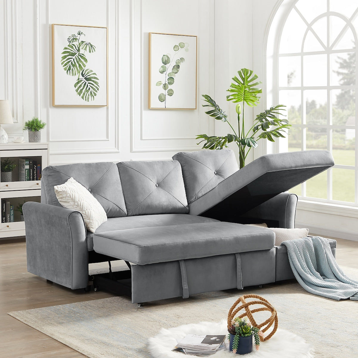Sectional Reversible 3 Seat Couch Bed Velvet Pull out Sleeper Sofa with Storage Chaise