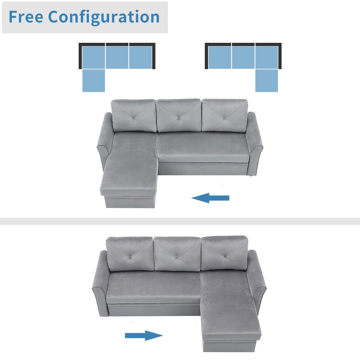 Sectional Reversible 3 Seat Couch Bed Velvet Pull out Sleeper Sofa with Storage Chaise
