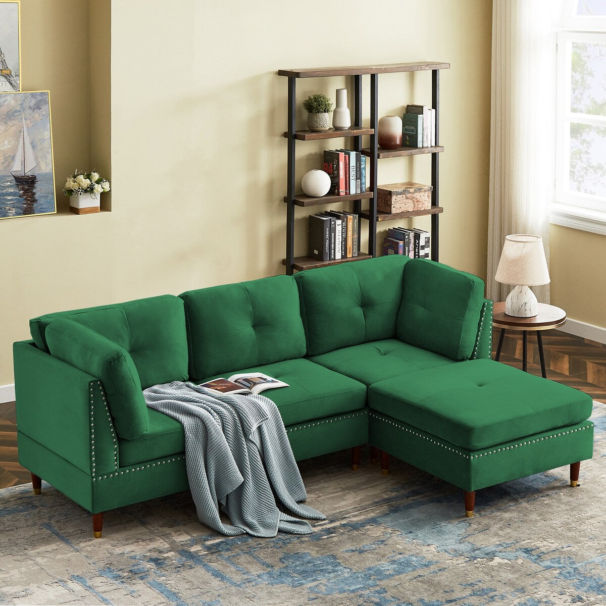 Sectional Sofa Couch with Ottoman, Modern L-Shaped Couch