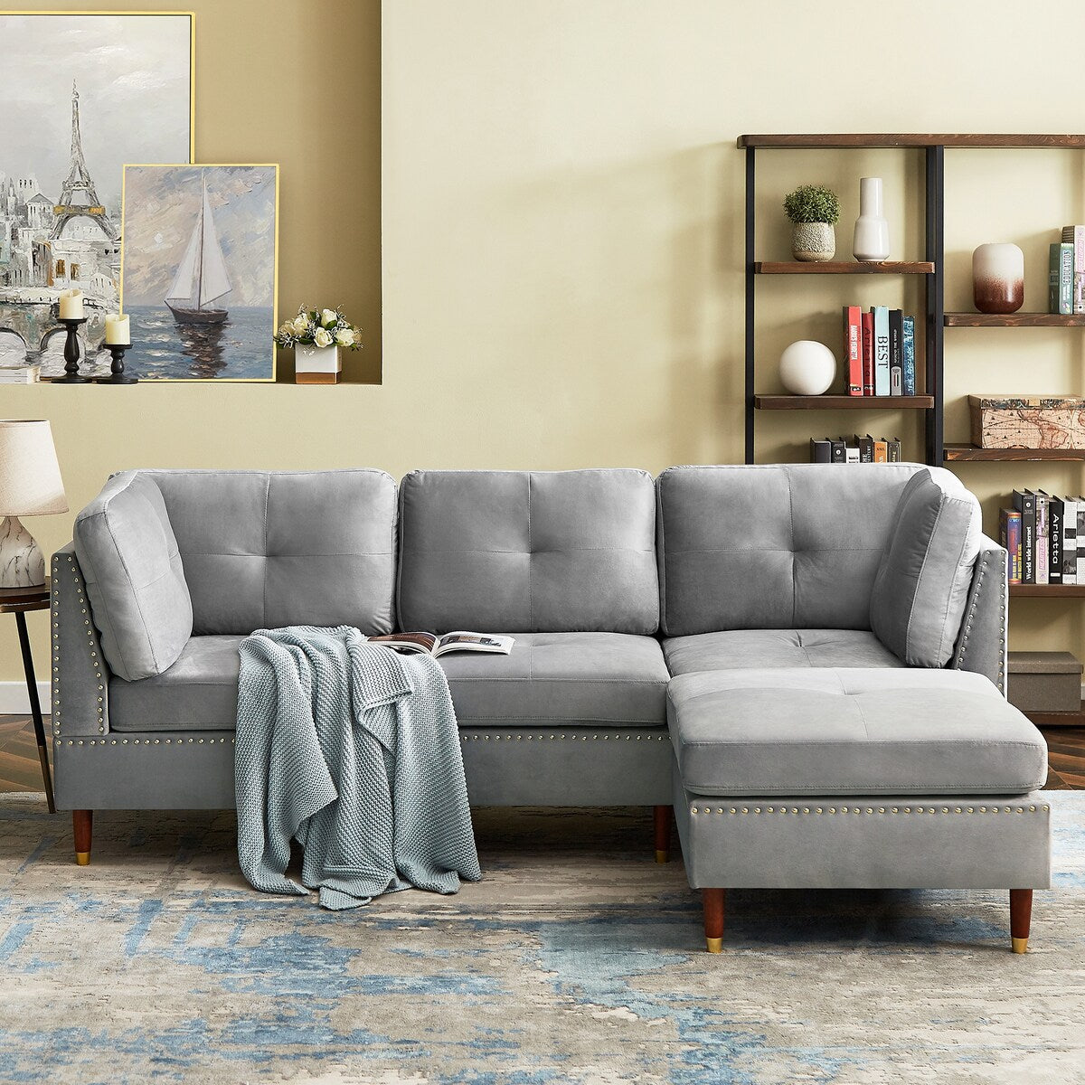 Sectional Sofa Couch with Ottoman, Modern L-Shaped Couch