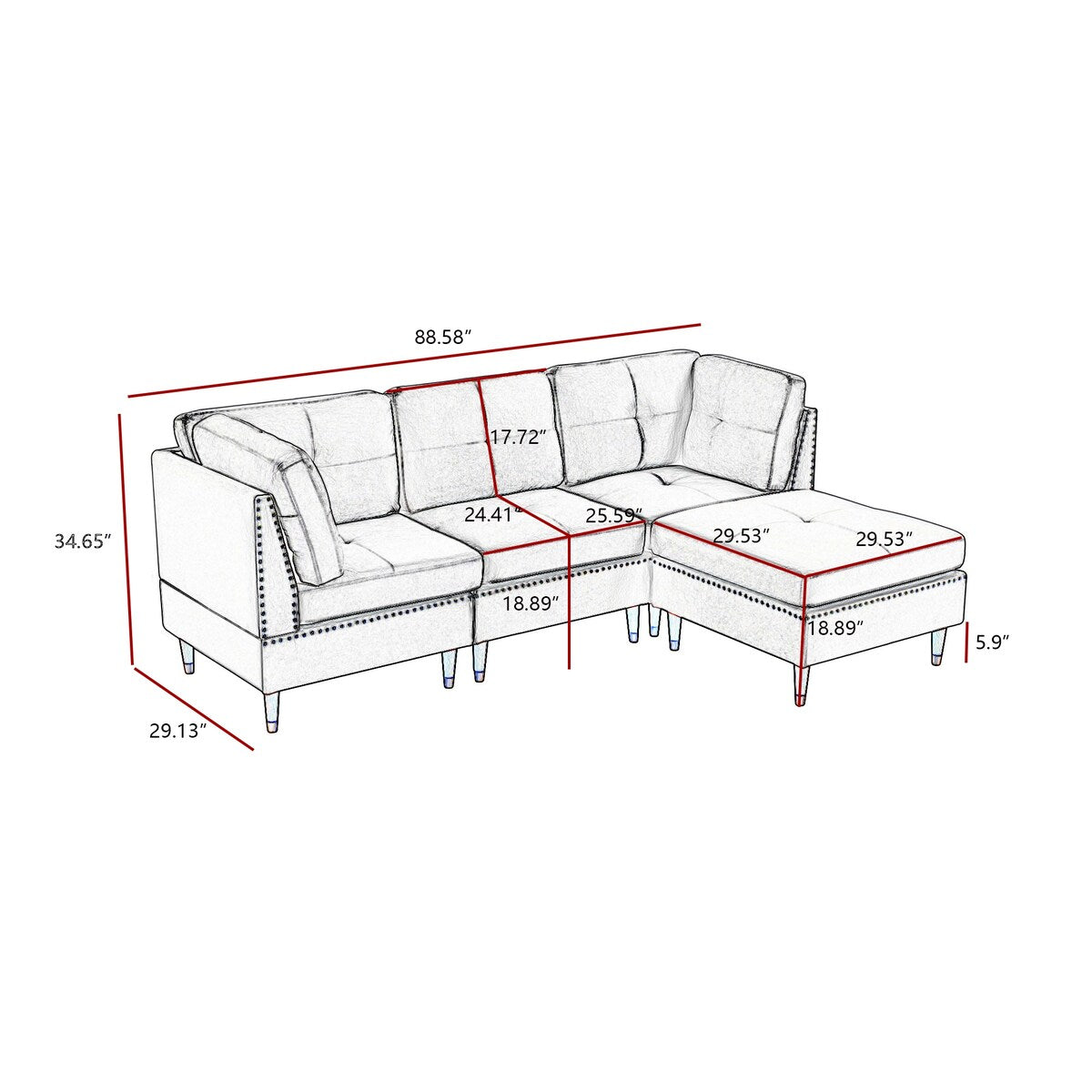 Sectional Sofa Couch with Ottoman, Modern L-Shaped Couch