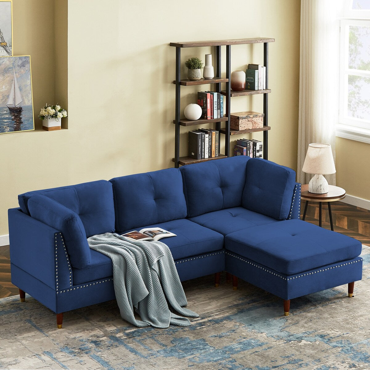 Sectional Sofa Couch with Ottoman, Modern L-Shaped Couch