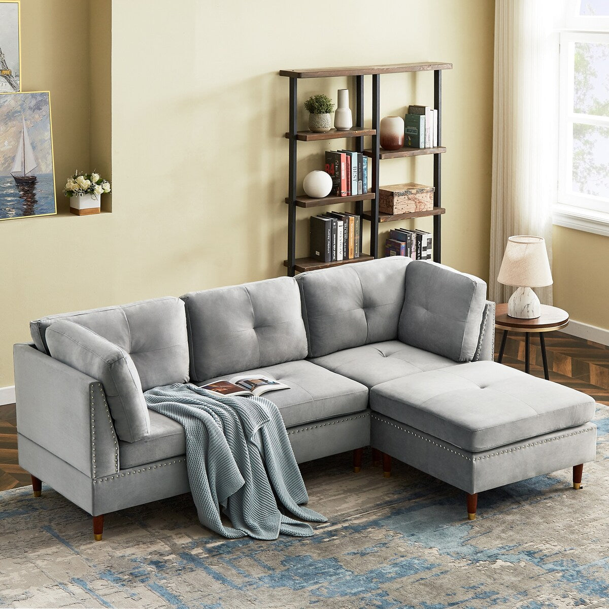 Sectional Sofa Couch with Ottoman, Modern L-Shaped Couch