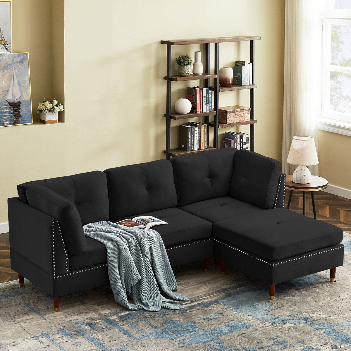 Sectional Sofa Couch with Ottoman, Modern L-Shaped Couch