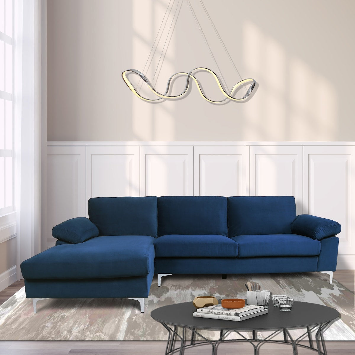 Sectional Sofa Left Hand 3 Seater Velvet Fabric Couch, L-Shaped Extra Wide Pillow Armrest Longer Lounger Chaise for Small Spaces