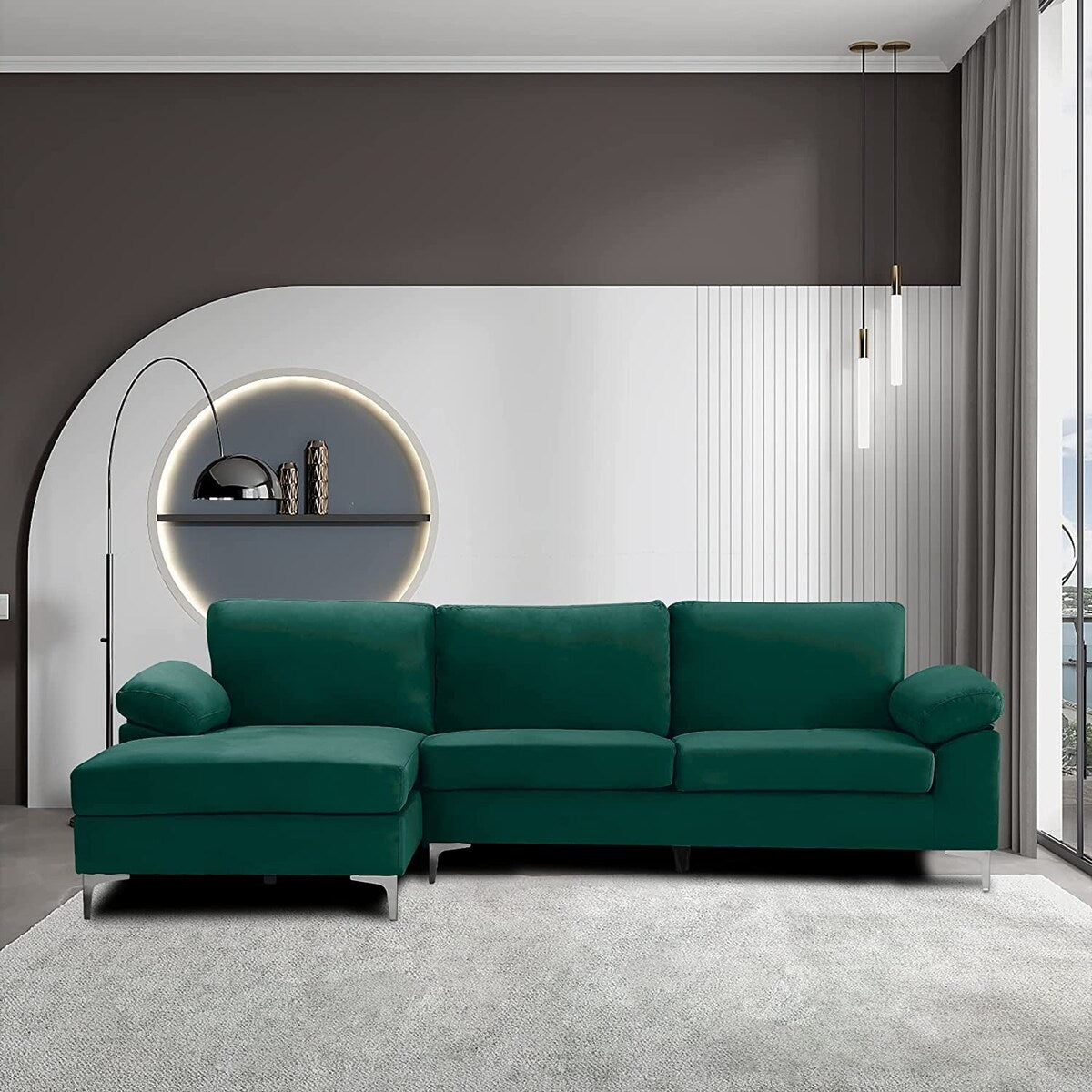 Sectional Sofa Left Hand 3 Seater Velvet Fabric Couch, L-Shaped Extra Wide Pillow Armrest Longer Lounger Chaise for Small Spaces