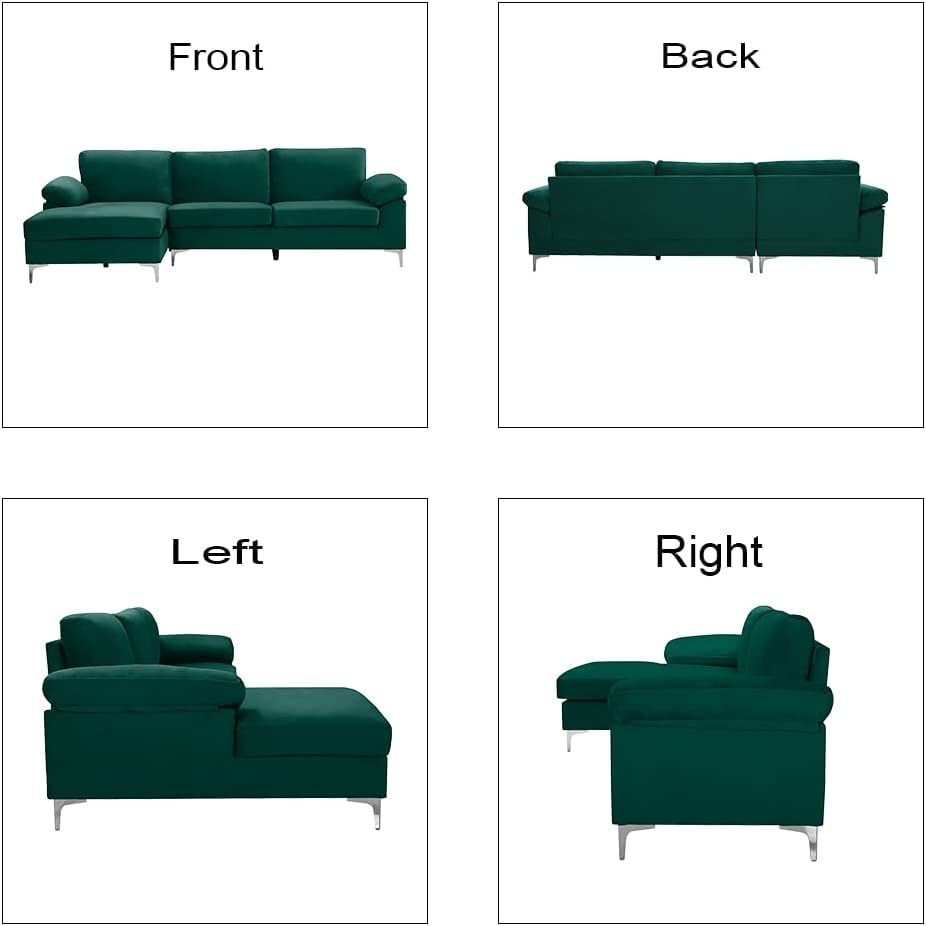 Sectional Sofa Left Hand 3 Seater Velvet Fabric Couch, L-Shaped Extra Wide Pillow Armrest Longer Lounger Chaise for Small Spaces