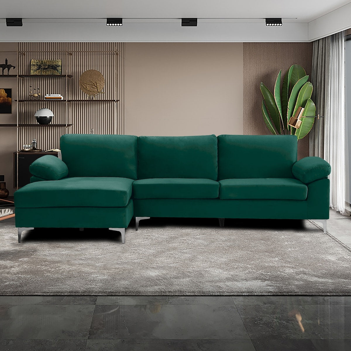 Sectional Sofa Left Hand 3 Seater Velvet Fabric Couch, L-Shaped Extra Wide Pillow Armrest Longer Lounger Chaise for Small Spaces