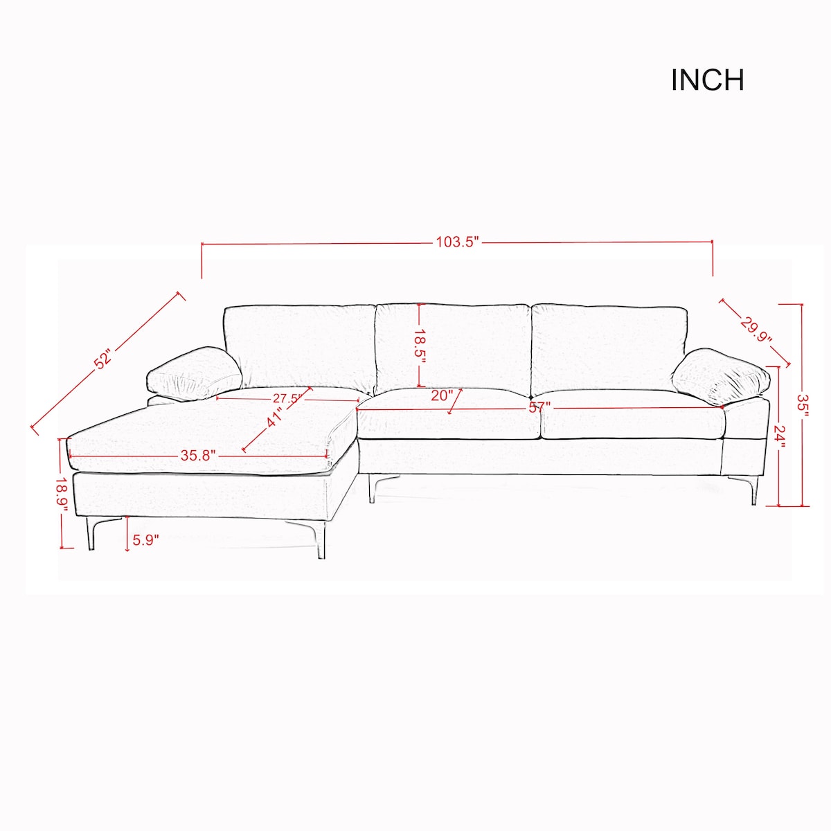 Sectional Sofa Left Hand 3 Seater Velvet Fabric Couch, L-Shaped Extra Wide Pillow Armrest Longer Lounger Chaise for Small Spaces