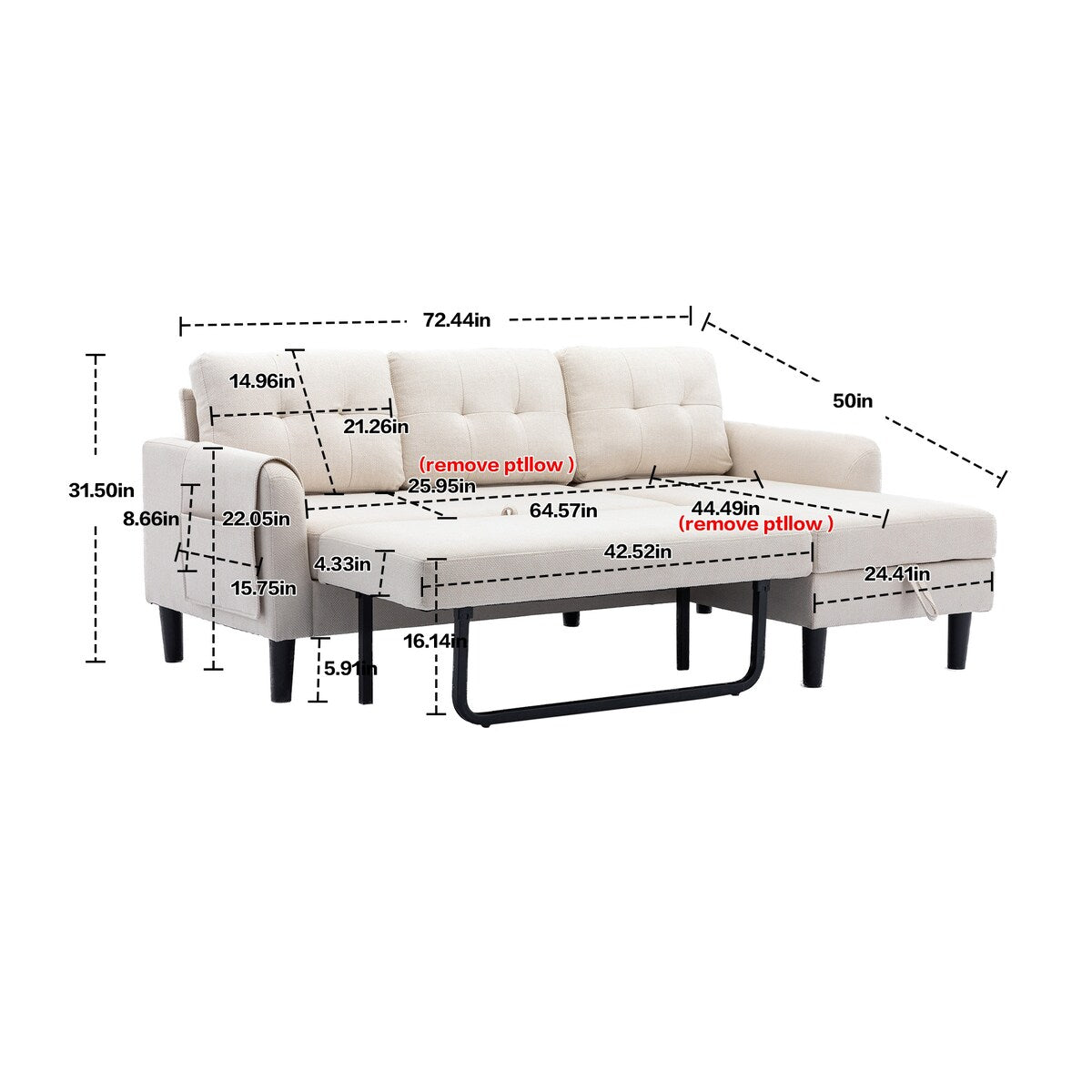 Sectional Sofa Set Pull Out Sleeper Sofa Bed with Plywood Frame, Beige