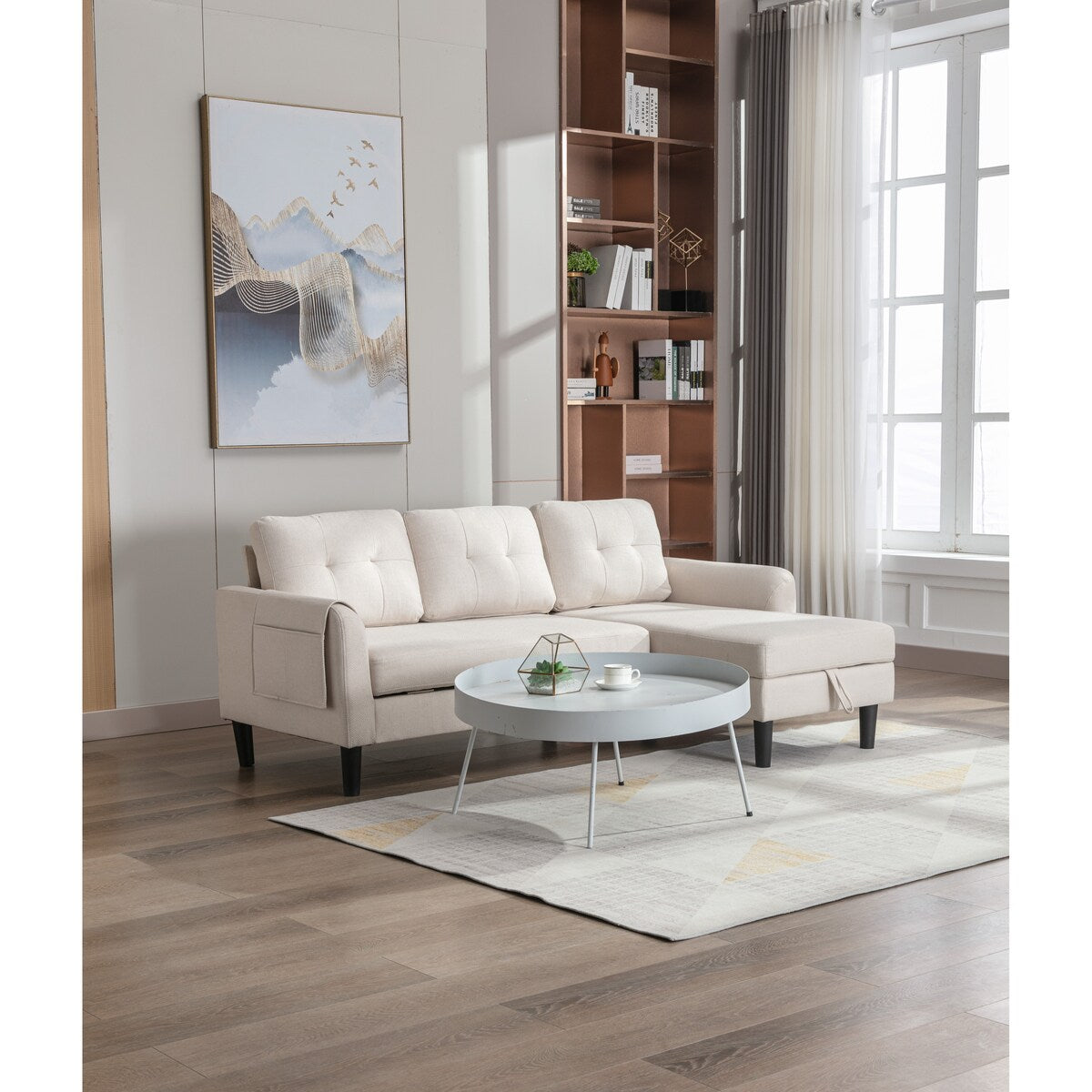 Sectional Sofa Set Pull Out Sleeper Sofa Bed with Plywood Frame, Beige