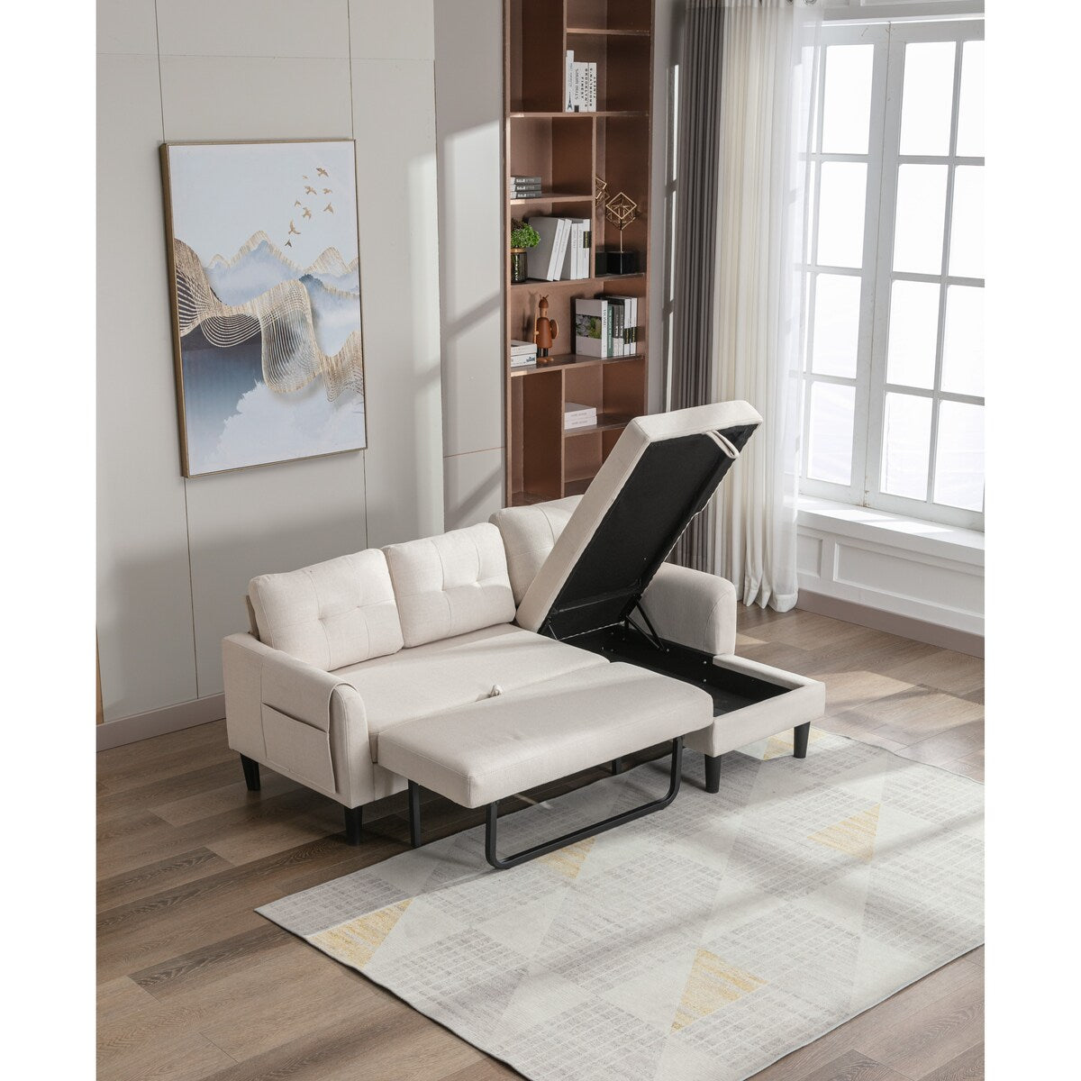 Sectional Sofa Set Pull Out Sleeper Sofa Bed with Plywood Frame, Beige