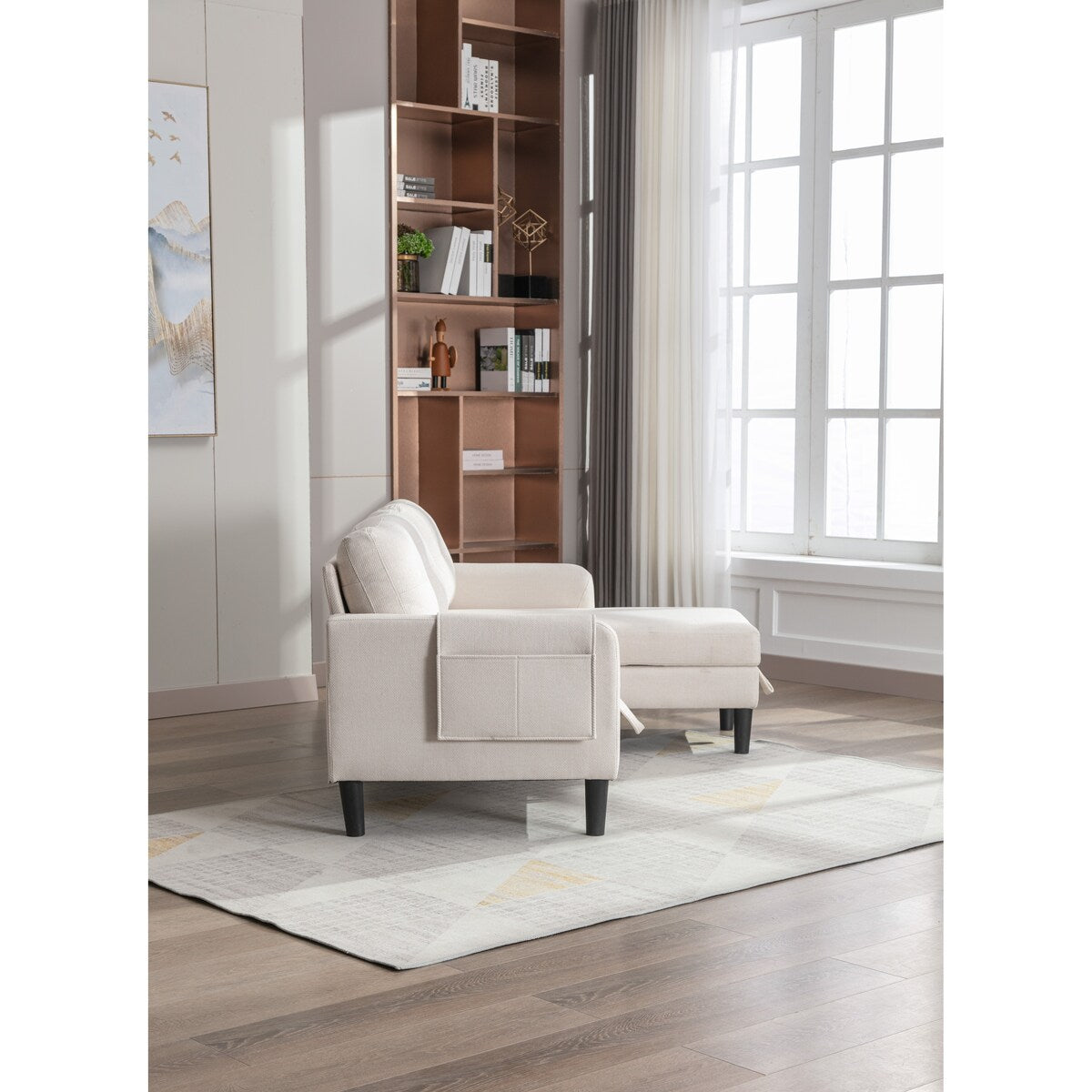 Sectional Sofa Set Pull Out Sleeper Sofa Bed with Plywood Frame, Beige