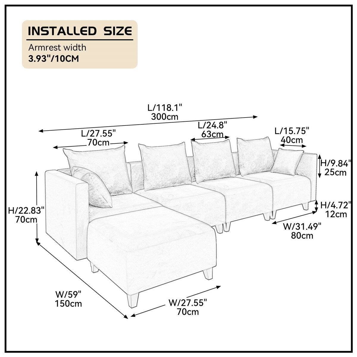 Sectional Sofa U Shape Velvet Square Arm Sofa with 6 Pillows