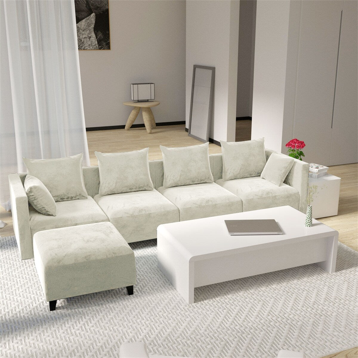 Sectional Sofa U Shape Velvet Square Arm Sofa with 6 Pillows