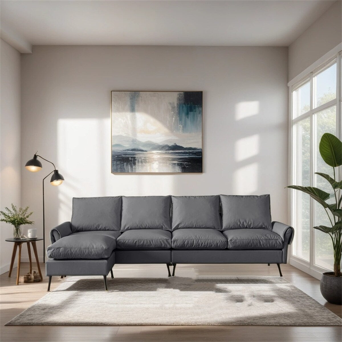 Sectional Technical leather L-Shaped Sofa Couch w/Convertible Ottoman