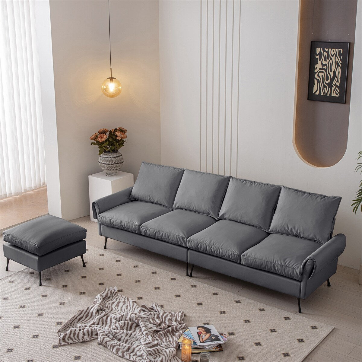 Sectional Technical leather L-Shaped Sofa Couch w/Convertible Ottoman