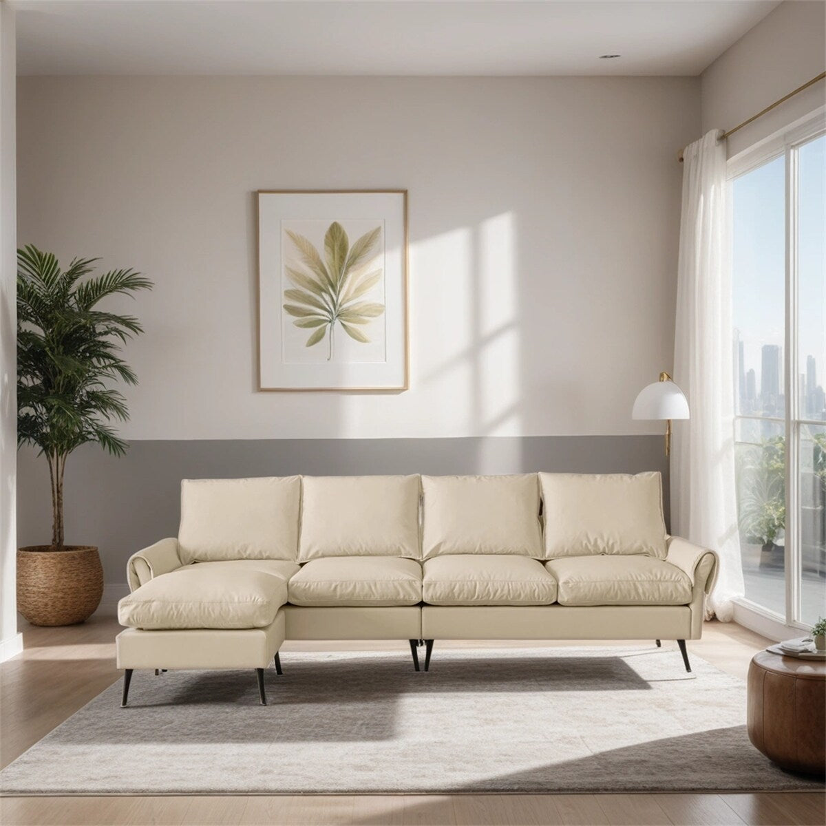 Sectional Technical leather L-Shaped Sofa Couch w/Convertible Ottoman