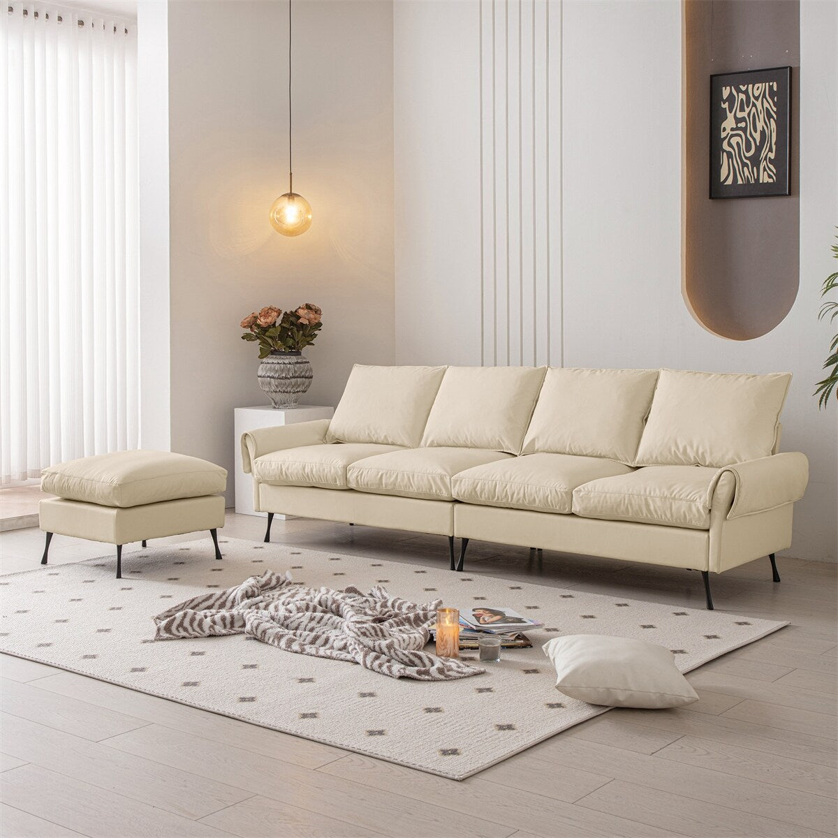 Sectional Technical leather L-Shaped Sofa Couch w/Convertible Ottoman