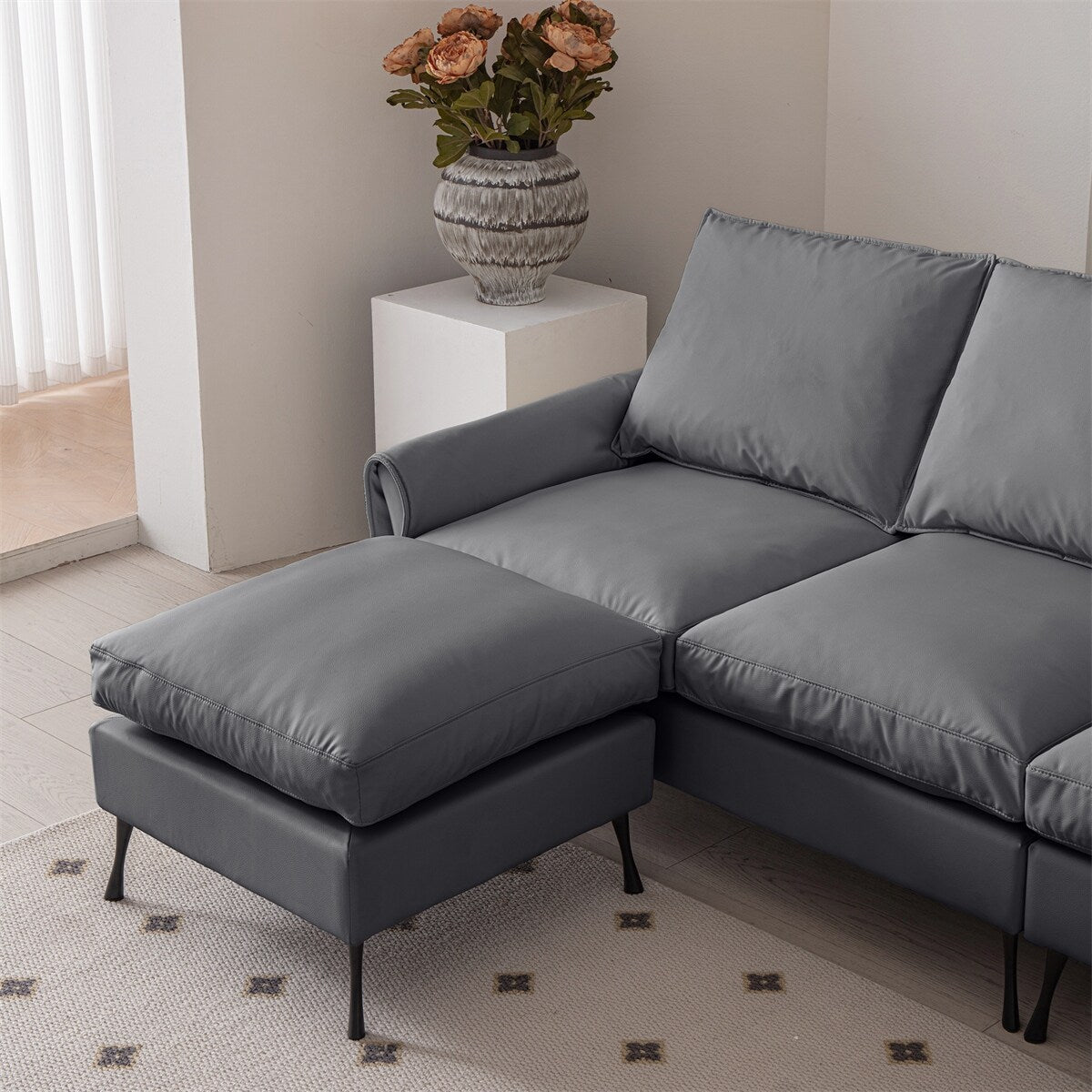 Sectional Technical leather L-Shaped Sofa Couch w/Convertible Ottoman