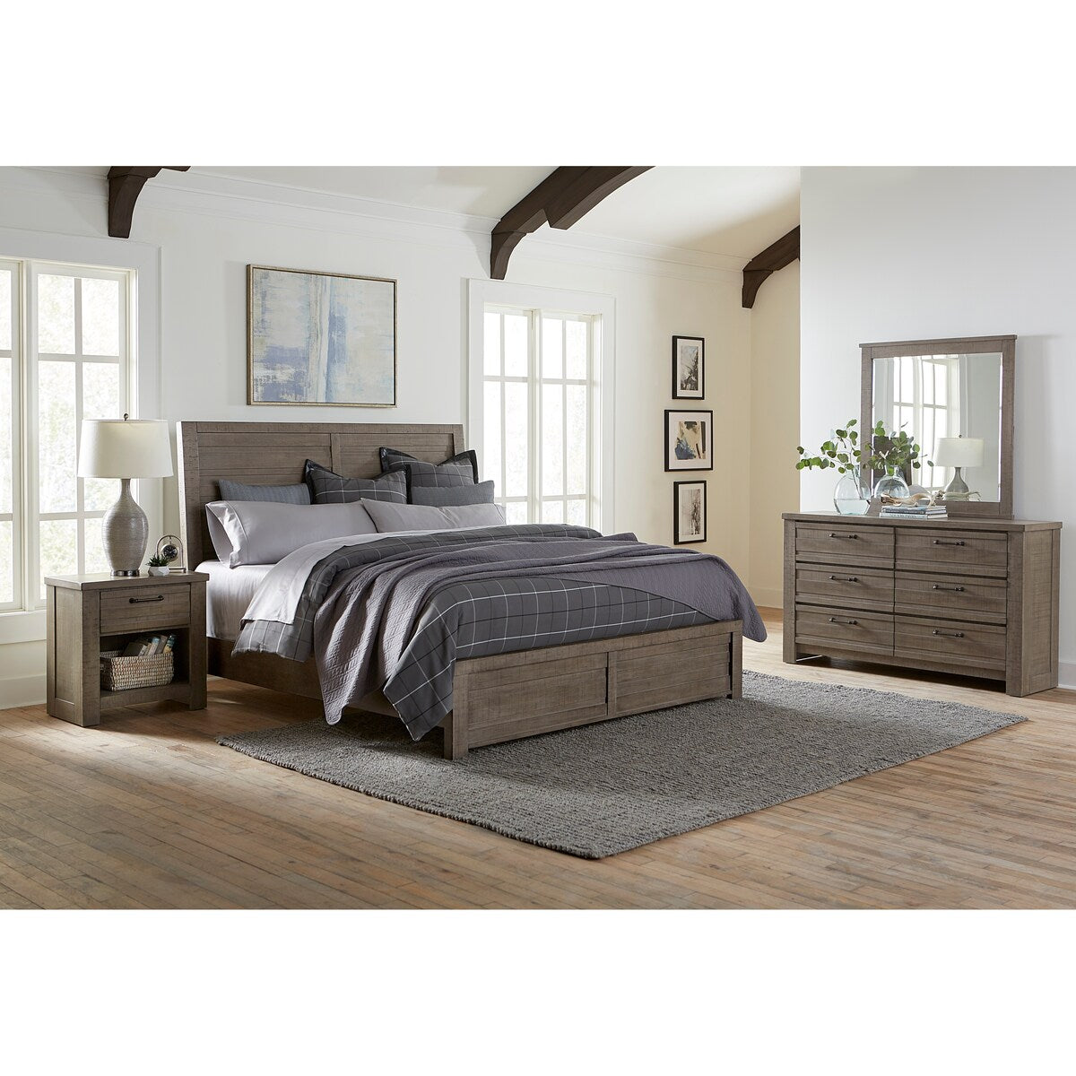 Roundhill Furniture Sedona Transitional Medium Gray Wood Panel Bed with Dresser, Mirror, Two Nightstands