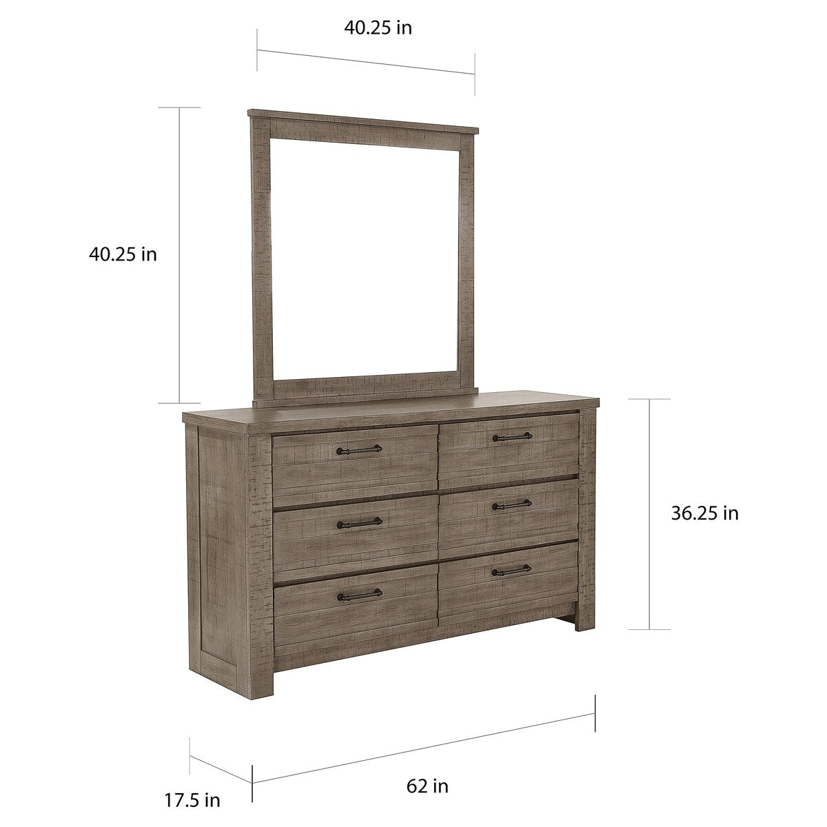 Roundhill Furniture Sedona Transitional Medium Gray Wood Panel Bed with Dresser, Mirror, Two Nightstands