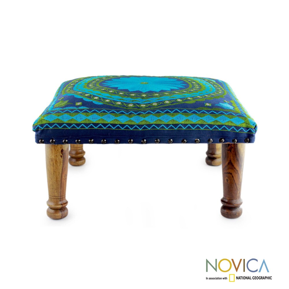 Handmade Shades of Blue Green Ottoman (India)