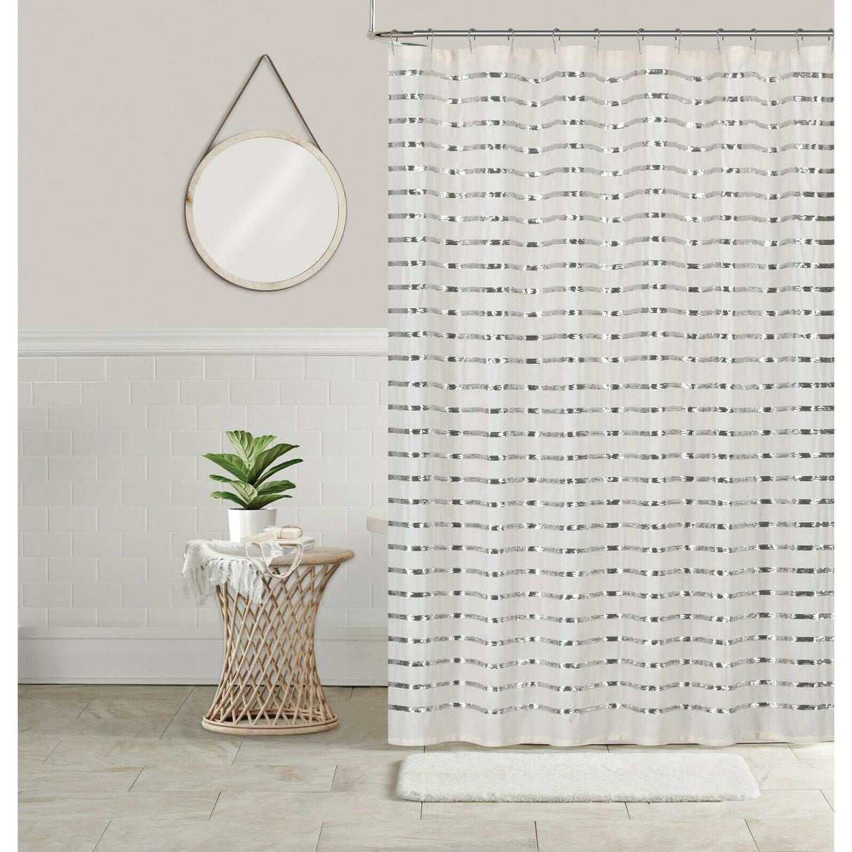 Sequin Shower Curtain 70x70 Shining Stripe Holiday Bathroom Decor Coco