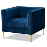 Seraphin Glam and Luxe Navy Blue Velvet Fabric Upholstered Gold Finished Armchair