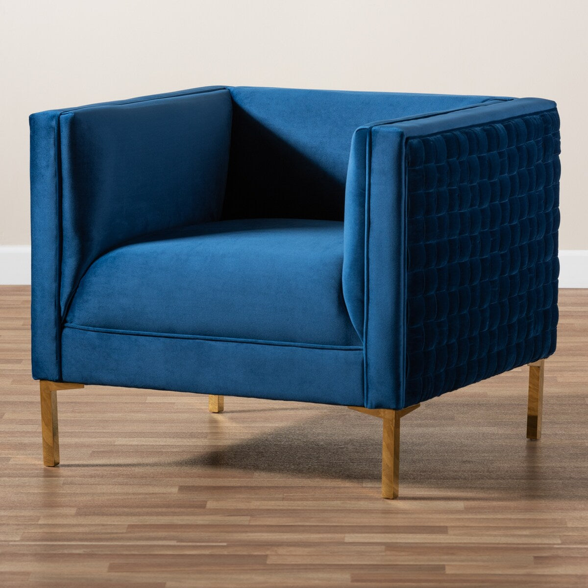 Seraphin Glam and Luxe Navy Blue Velvet Fabric Upholstered Gold Finished Armchair