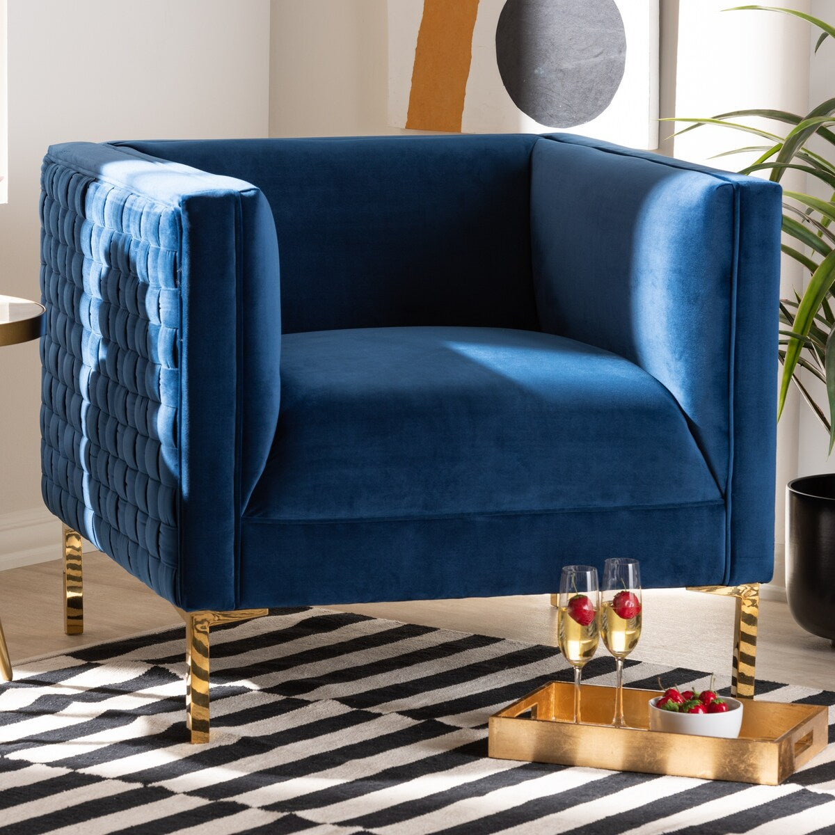 Seraphin Glam and Luxe Navy Blue Velvet Fabric Upholstered Gold Finished Armchair
