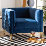 Seraphin Glam and Luxe Navy Blue Velvet Fabric Upholstered Gold Finished Armchair