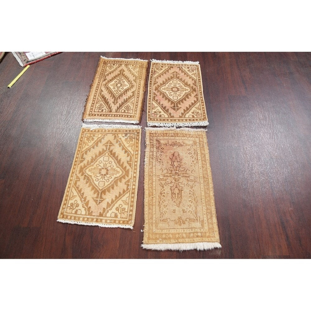 Set of 4 Hand Made Vintage Distressed Hamedan Persian Floral Area Rugs - 1'11" X 1'2"
