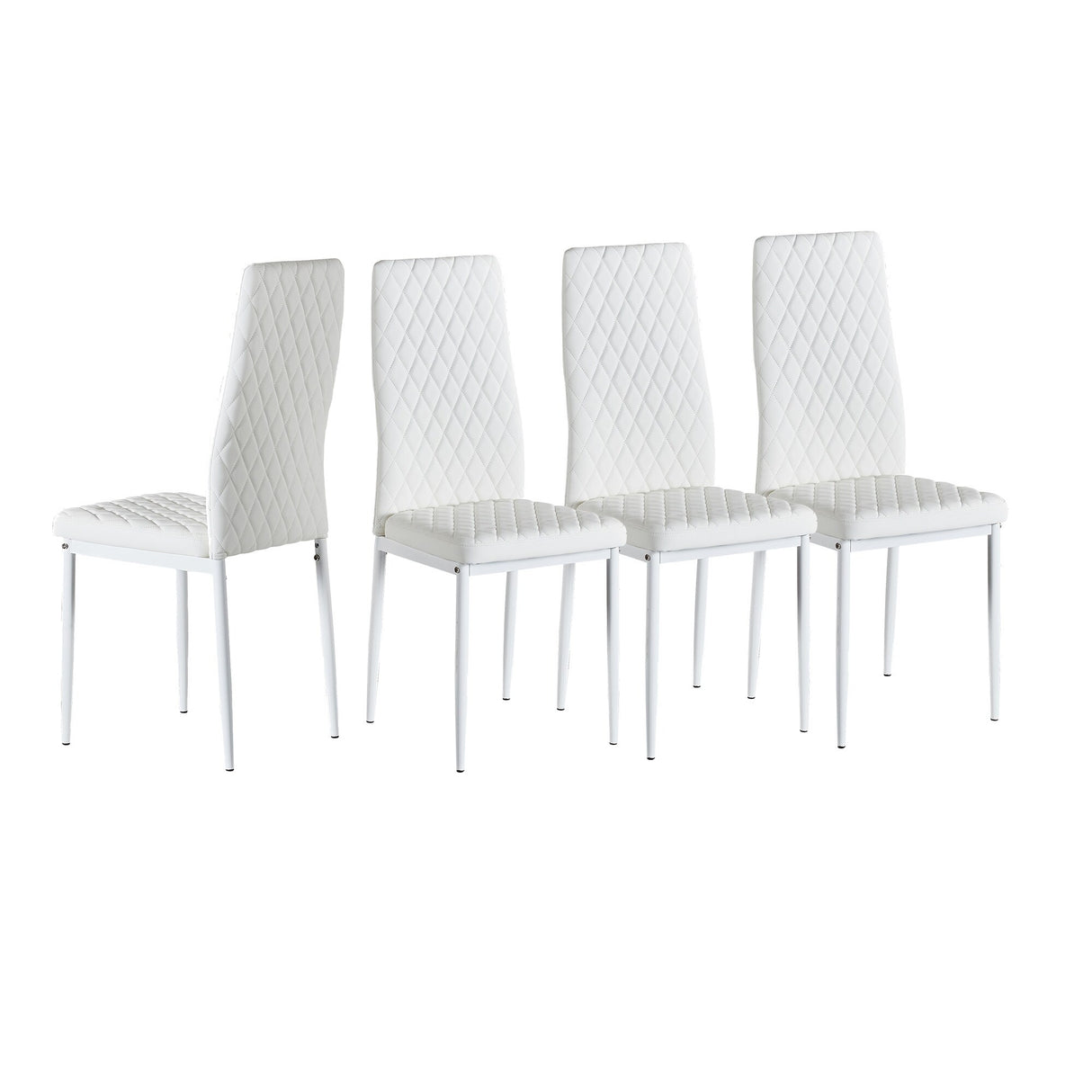 Set Of 4 White Modern Minimalist Dining Chair Fireproof Leather Sprayed Metal Pipe Diamond Grid Pattern Chair , White
