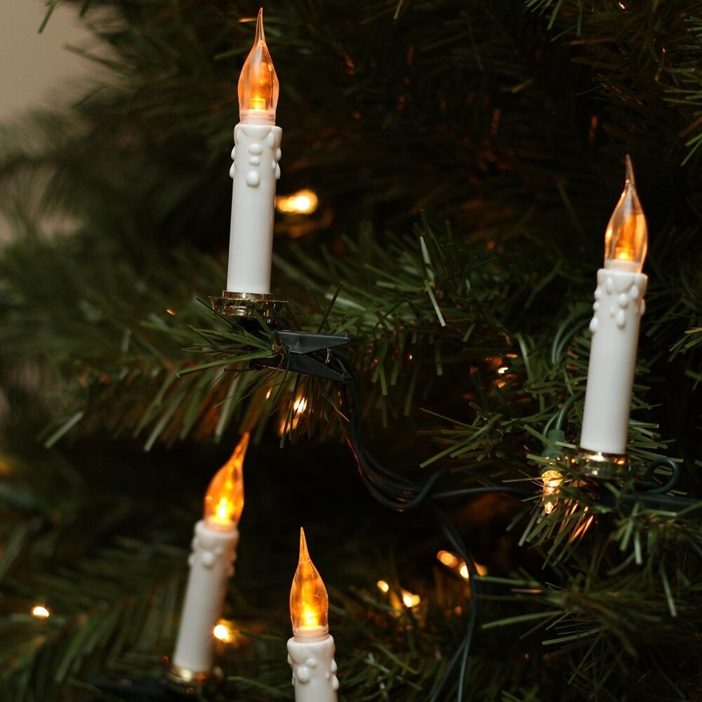 Set of 10 LED Flicker Flame C5 Type Candle Clip-On Christmas Lights - Green Wire