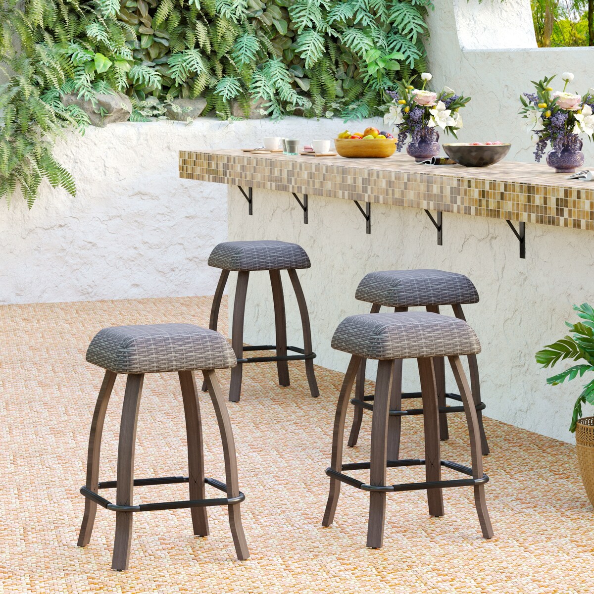 Set of 2/4/6 Outdoor 29.5" Backless Wicker Bar Stools
