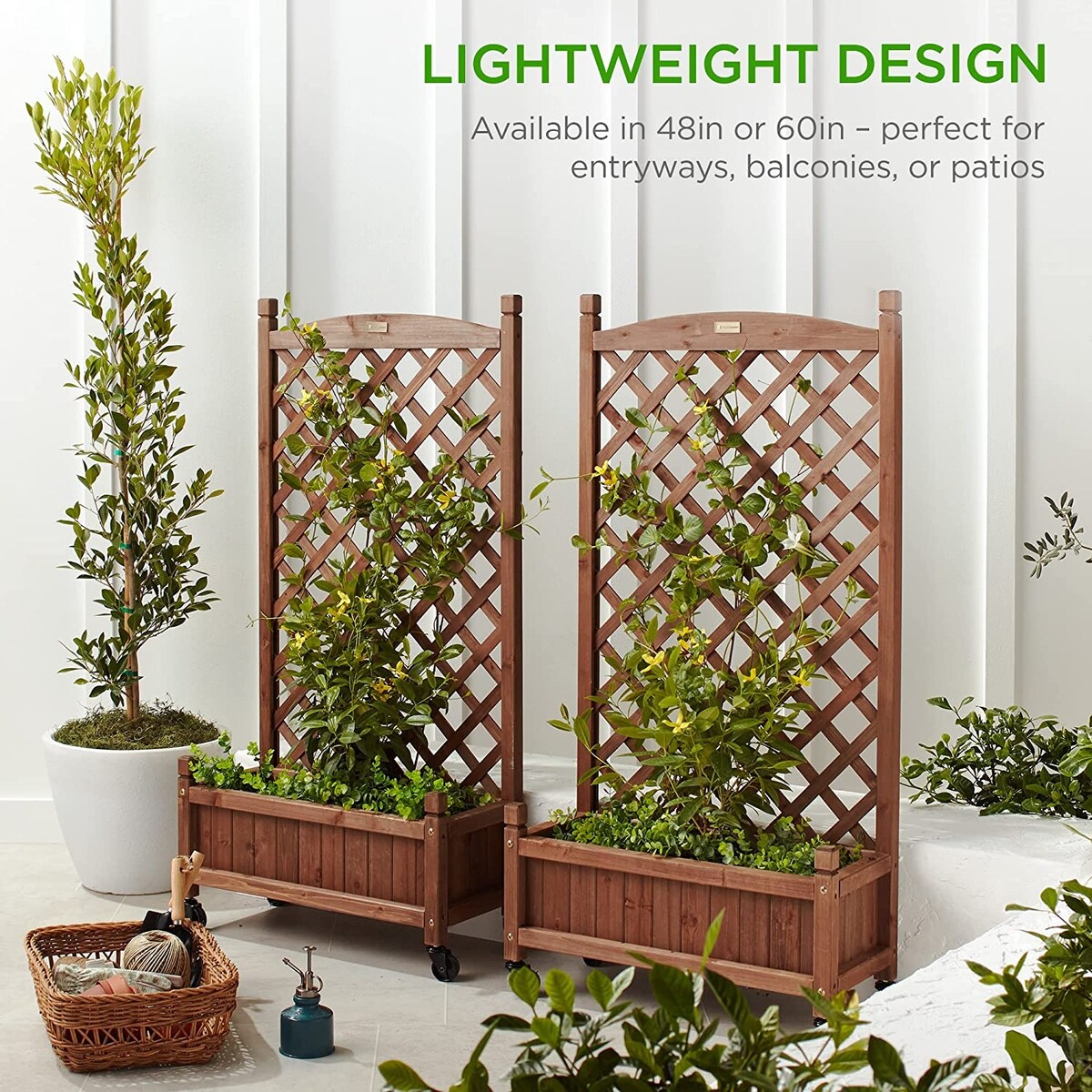 Set of 2 48" Wooden Planter Boxes and Diamond Trellis