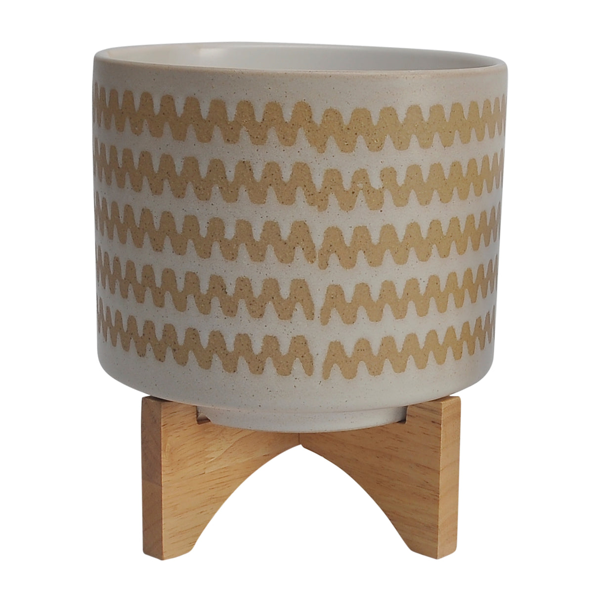 Beige and Tan Ceramic Planters with Natural Wood Stands (Set of 2)