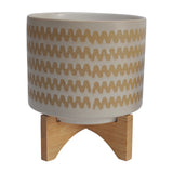 Beige and Tan Ceramic Planters with Natural Wood Stands (Set of 2)