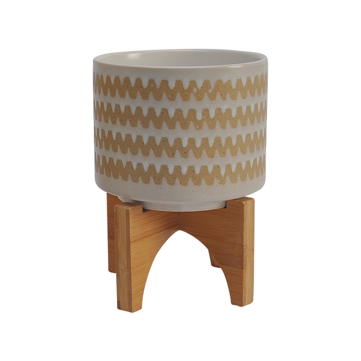 Beige and Tan Ceramic Planters with Natural Wood Stands (Set of 2)