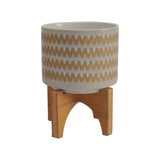 Beige and Tan Ceramic Planters with Natural Wood Stands (Set of 2)