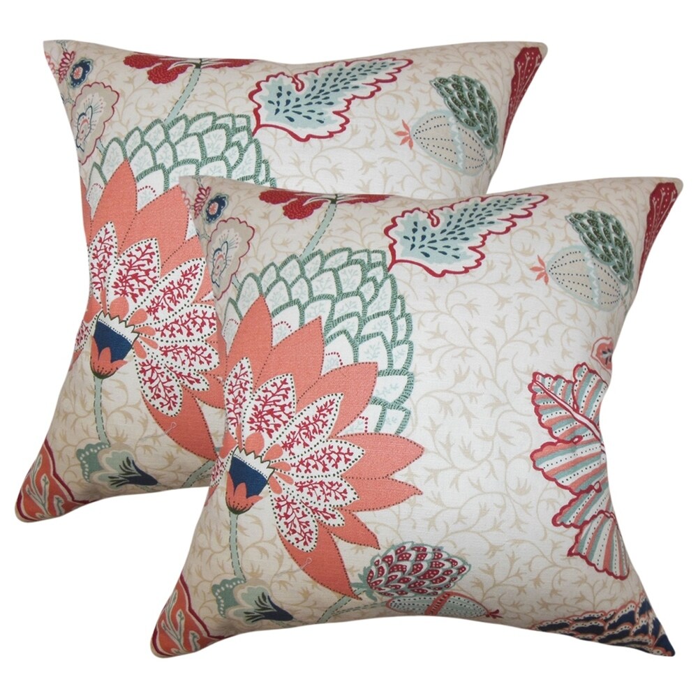 Set of 2 Ahna Floral Throw Pillows in Mint Red