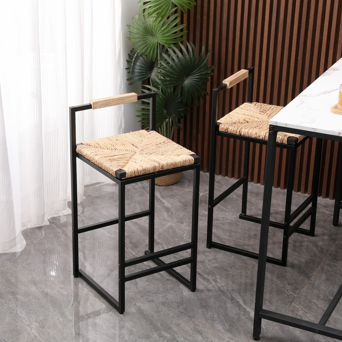 Set of 2 Bar Stools with Back Paper Rope Woven Counter Height Dining Chairs for Kitchen, Home