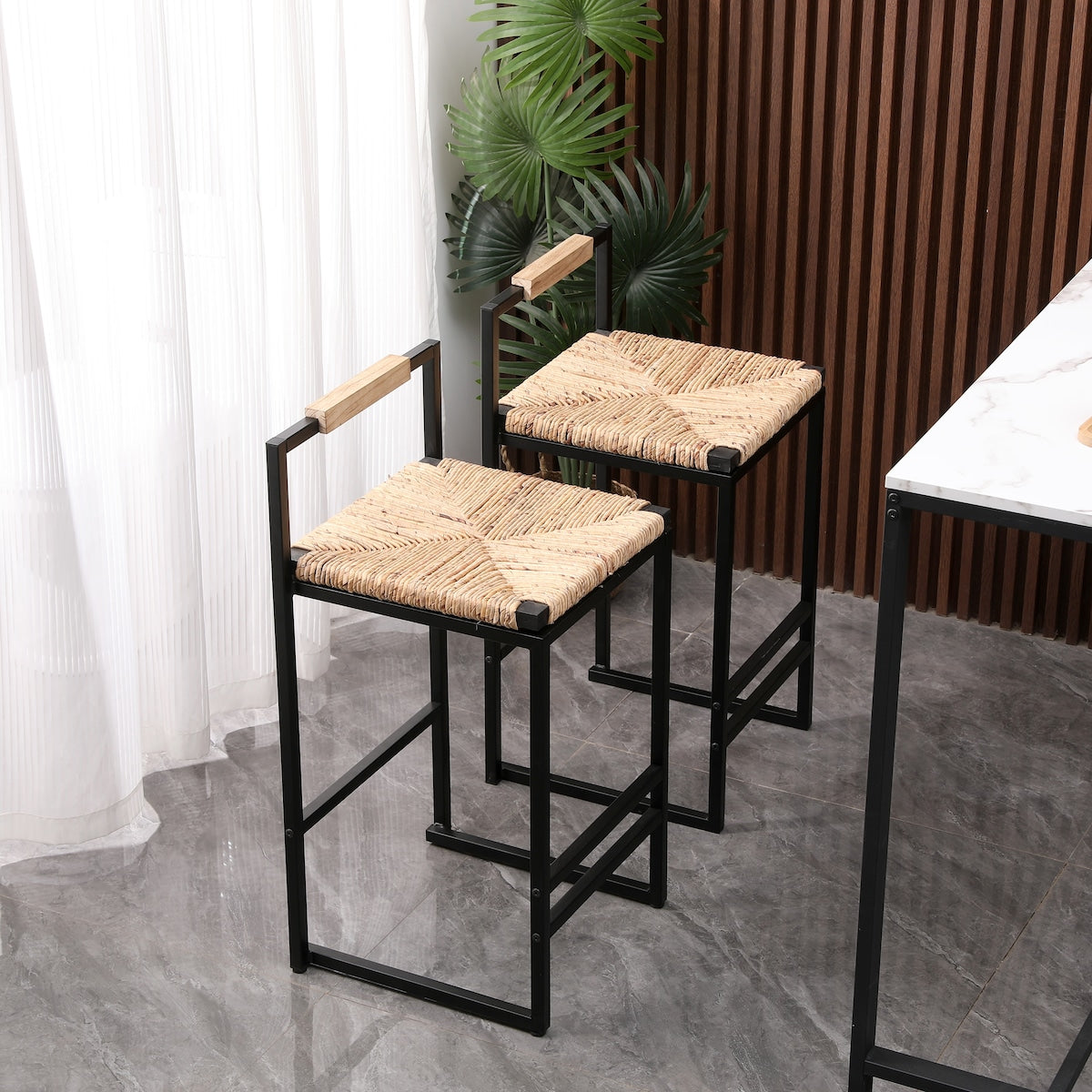 Set of 2 Bar Stools with Back Paper Rope Woven Counter Height Dining Chairs for Kitchen, Home