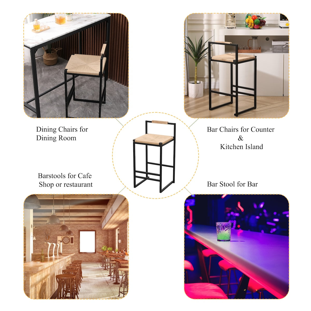 Set of 2 Bar Stools with Back Paper Rope Woven Counter Height Dining Chairs for Kitchen, Home