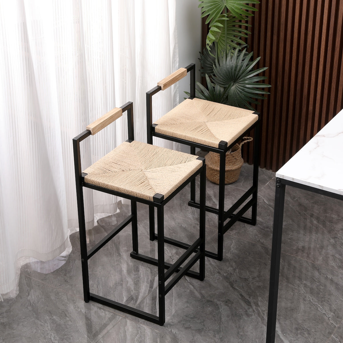 Set of 2 Bar Stools with Back Paper Rope Woven Counter Height Dining Chairs for Kitchen, Home