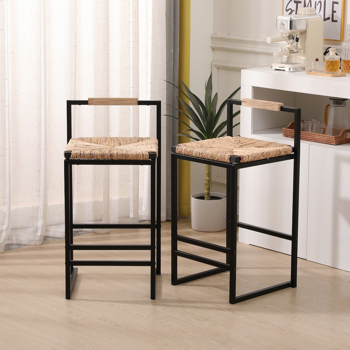 Set of 2 Bar Stools with Back Paper Rope Woven Counter Height Dining Chairs for Kitchen, Home