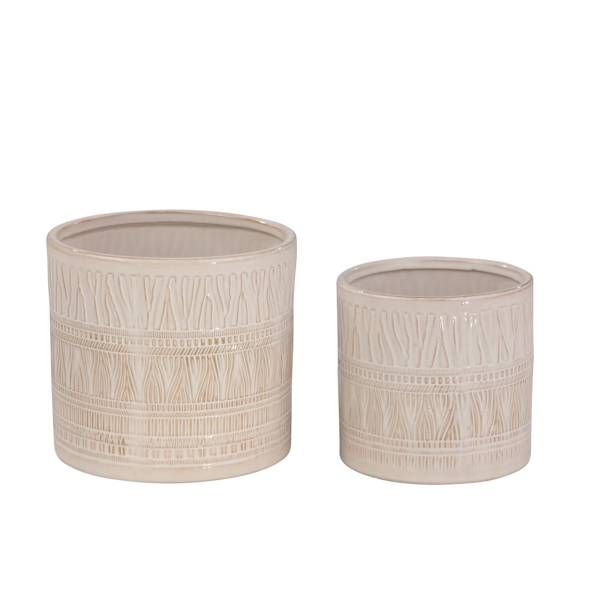 Handmade Off-white and Tan Imprinted Ceramic Planters (Set of 2)
